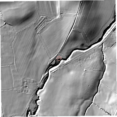 Shaded relief map of the ground around SY50EJ, computed from Environment Agency LiDAR. The ground here sits at about 120 m above sea level and falls 28 m across the surrounding 800 m. Surface water reaching this point runs off ground lying to the south-south-east, 17.6 m higher.