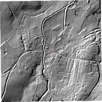 Shaded relief map of the ground around SY50FD, computed from Environment Agency LiDAR. The ground here sits at about 104 m above sea level and falls 26 m across the surrounding 800 m. Surface water reaching this point runs off ground lying to the south, 5.5 m higher.