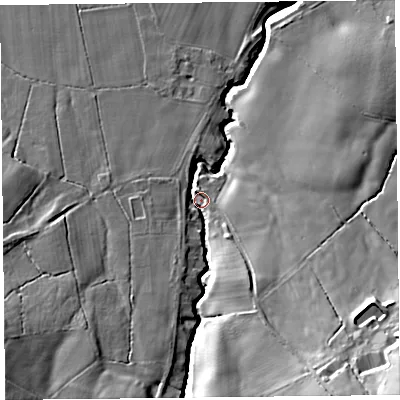 Shaded relief map of the ground around SY50HT, computed from Environment Agency LiDAR. The ground here sits at about 126 m above sea level and falls 40 m across the surrounding 800 m. Surface water reaching this point runs off ground lying to the south-east, 26.7 m higher.