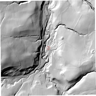 Shaded relief map of the ground around SY50HY, computed from Environment Agency LiDAR. The ground here sits at about 152 m above sea level and falls 67 m across the surrounding 800 m. Surface water reaching this point runs off ground lying to the south-east, 60.8 m higher.