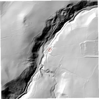 Shaded relief map of the ground around SY50JA, computed from Environment Agency LiDAR. The ground here sits at about 197 m above sea level and falls 101 m across the surrounding 800 m. Surface water reaching this point runs off ground lying to the south-east, 57.1 m higher.