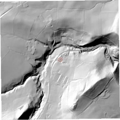 Shaded relief map of the ground around SY50JB, computed from Environment Agency LiDAR. The ground here sits at about 246 m above sea level and falls 86 m across the surrounding 800 m. Surface water reaching this point runs off ground lying to the south-south-east, 15.2 m higher.