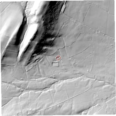 Shaded relief map of the ground around SY50JH, computed from Environment Agency LiDAR. The ground here sits at about 306 m above sea level and falls 87 m across the surrounding 800 m. Surface water reaching this point runs off ground lying to the north-west, 63.4 m higher.