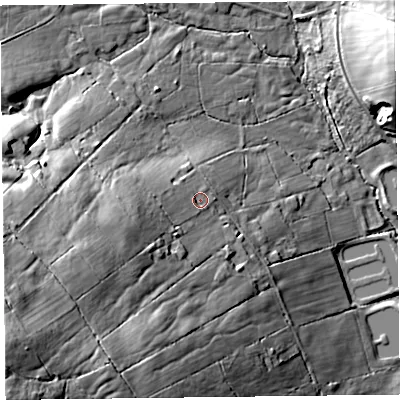 Shaded relief map of the ground around SY50JL, computed from Environment Agency LiDAR. The ground here sits at about 298 m above sea level and falls 66 m across the surrounding 800 m. Surface water reaching this point runs off ground lying to the west-south-west, 5.7 m higher.