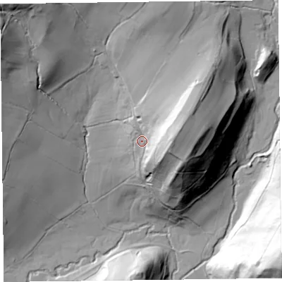 Shaded relief map of the ground around SY50JW, computed from Environment Agency LiDAR. The ground here sits at about 267 m above sea level and falls 76 m across the surrounding 800 m. Surface water reaching this point runs off ground lying to the east, 36.5 m higher.