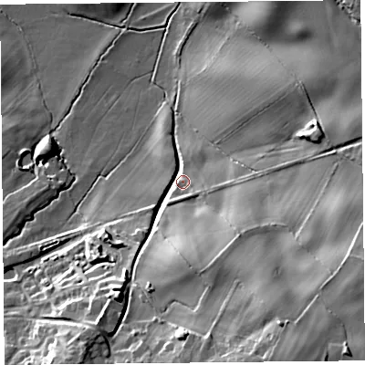 Shaded relief map of the ground around SY50PU, computed from Environment Agency LiDAR. The ground here sits at about 98 m above sea level and falls 29 m across the surrounding 800 m. Surface water reaching this point runs off ground lying to the south, 21.8 m higher.