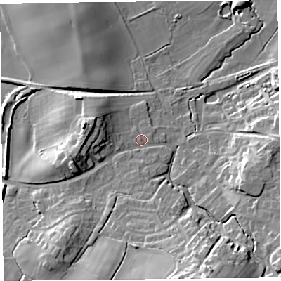Shaded relief map of the ground around SY50QH, computed from Environment Agency LiDAR. The ground here sits at about 103 m above sea level and falls 32 m across the surrounding 800 m. Surface water reaching this point runs off ground lying to the south-south-east, 22.3 m higher.