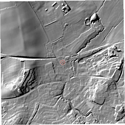 Shaded relief map of the ground around SY50QY, computed from Environment Agency LiDAR. The ground here sits at about 100 m above sea level and falls 26 m across the surrounding 800 m. Surface water reaching this point runs off ground lying to the west-south-west, 12.7 m higher.