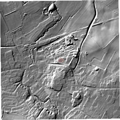 Shaded relief map of the ground around SY50RF, computed from Environment Agency LiDAR. The ground here sits at about 107 m above sea level and falls 28 m across the surrounding 800 m. Surface water reaching this point runs off ground lying to the east-south-east, 8.2 m higher.