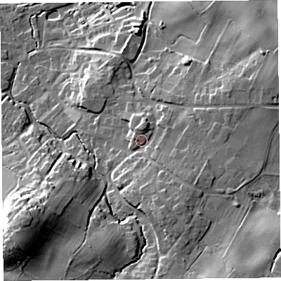 Shaded relief map of the ground around SY50RJ, computed from Environment Agency LiDAR. The ground here sits at about 115 m above sea level and falls 38 m across the surrounding 800 m. Surface water reaching this point runs off ground lying to the south-east, 7.0 m higher.