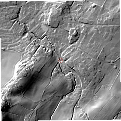 Shaded relief map of the ground around SY50RL, computed from Environment Agency LiDAR. The ground here sits at about 111 m above sea level and falls 46 m across the surrounding 800 m. Surface water reaching this point runs off ground lying to the south-west, 34.6 m higher.