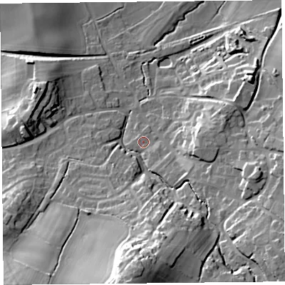 Shaded relief map of the ground around SY50SB, computed from Environment Agency LiDAR. The ground here sits at about 103 m above sea level and falls 39 m across the surrounding 800 m. Surface water reaching this point runs off ground lying to the south-east, 1.5 m higher.
