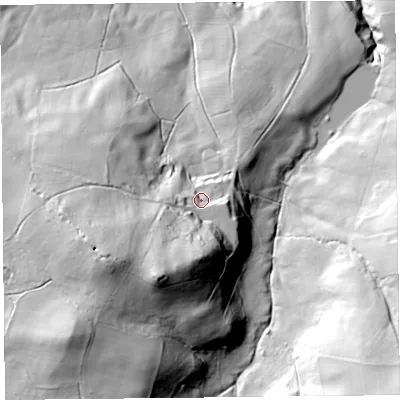 Shaded relief map of the ground around SY50SJ, computed from Environment Agency LiDAR. The ground here sits at about 334 m above sea level and falls 79 m across the surrounding 800 m. Surface water reaching this point runs off ground lying to the south-south-west, 43.4 m higher.