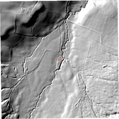 Shaded relief map of the ground around SY50SQ, computed from Environment Agency LiDAR. The ground here sits at about 198 m above sea level and falls 40 m across the surrounding 800 m. Surface water reaching this point runs off ground lying to the south-east, 32.0 m higher.