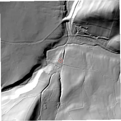 Shaded relief map of the ground around SY50ST, computed from Environment Agency LiDAR. The ground here sits at about 255 m above sea level and falls 92 m across the surrounding 800 m. Surface water reaching this point runs off ground lying to the south-south-east, 38.6 m higher.