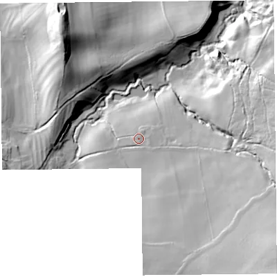 Shaded relief map of the ground around SY50TR, computed from Environment Agency LiDAR. The ground here sits at about 178 m above sea level and falls 47 m across the surrounding 800 m. Surface water reaching this point runs off ground lying to the east-south-east, 1.6 m higher.