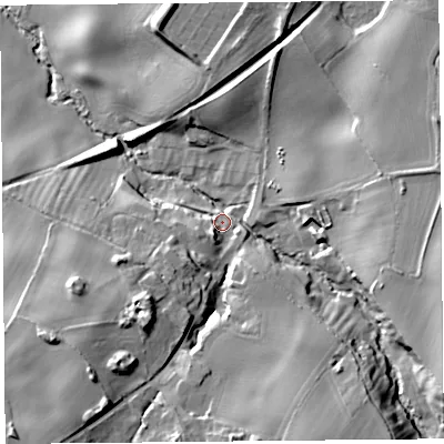 Shaded relief map of the ground around SY50UF, computed from Environment Agency LiDAR. The ground here sits at about 101 m above sea level and falls 27 m across the surrounding 800 m. Surface water reaching this point runs off ground lying to the south-south-east, 20.8 m higher.