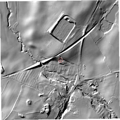 Shaded relief map of the ground around SY50UQ, computed from Environment Agency LiDAR. The ground here sits at about 101 m above sea level and falls 28 m across the surrounding 800 m. Surface water reaching this point runs off ground lying to the north, 5.8 m higher.