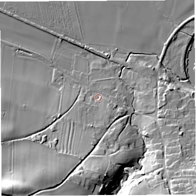 Shaded relief map of the ground around SY56AA, computed from Environment Agency LiDAR. The ground here sits at about 46 m above sea level and falls 45 m across the surrounding 800 m. Surface water reaching this point runs off ground lying to the south-south-west, 16.7 m higher.