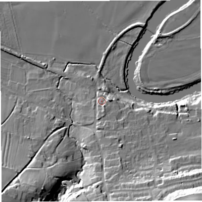 Shaded relief map of the ground around SY56AD, computed from Environment Agency LiDAR. The ground here sits at about 49 m above sea level and falls 37 m across the surrounding 800 m. Surface water reaching this point runs off ground lying to the south-south-east, 4.1 m higher.