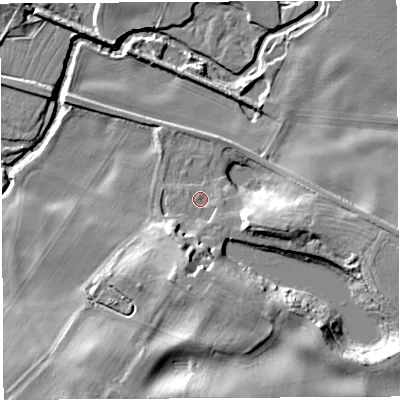 Shaded relief map of the ground around SY56AH, computed from Environment Agency LiDAR. The ground here sits at about 47 m above sea level and falls 16 m across the surrounding 800 m. Surface water reaching this point runs off ground lying to the south-south-east, 10.3 m higher.