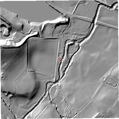 Shaded relief map of the ground around SY56AP, computed from Environment Agency LiDAR. The ground here sits at about 47 m above sea level and falls 29 m across the surrounding 800 m. Surface water reaching this point runs off ground lying to the west-south-west, 14.2 m higher.