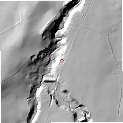 Shaded relief map of the ground around SY56BB, computed from Environment Agency LiDAR. The ground here sits at about 100 m above sea level and falls 45 m across the surrounding 800 m. Surface water reaching this point runs off ground lying to the south-south-east, 4.0 m higher.