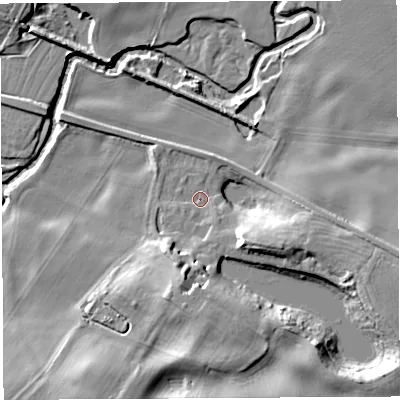 Shaded relief map of the ground around SY56BN, computed from Environment Agency LiDAR. The ground here sits at about 46 m above sea level and falls 16 m across the surrounding 800 m. Surface water reaching this point runs off ground lying to the south, 12.5 m higher.