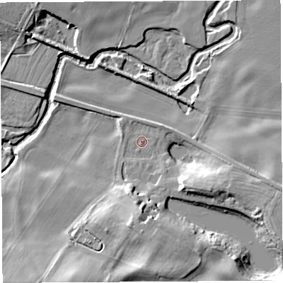 Shaded relief map of the ground around SY56BP, computed from Environment Agency LiDAR. The ground here sits at about 46 m above sea level and falls 15 m across the surrounding 800 m. Surface water reaching this point runs off ground lying to the south, 11.5 m higher.