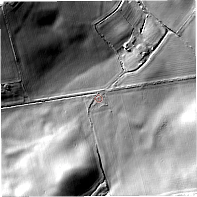 Shaded relief map of the ground around SY56EF, computed from Environment Agency LiDAR. The ground here sits at about 89 m above sea level and falls 22 m across the surrounding 800 m. Surface water reaching this point runs off ground lying to the south-south-west, 14.9 m higher.