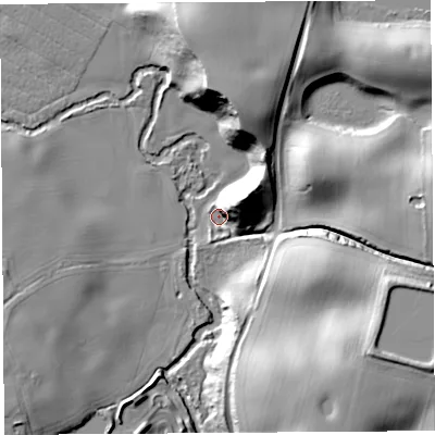 Shaded relief map of the ground around SY56HL, computed from Environment Agency LiDAR. The ground here sits at about 63 m above sea level and falls 32 m across the surrounding 800 m. Surface water reaching this point runs off ground lying to the east-north-east, 20.4 m higher.