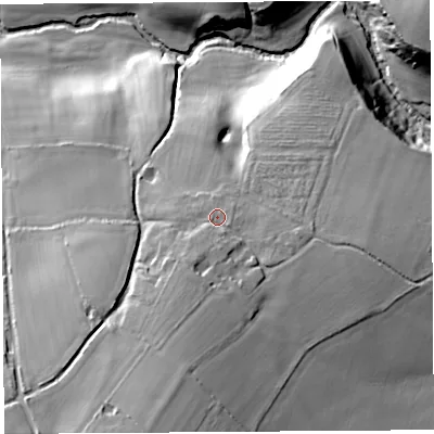 Shaded relief map of the ground around SY56HQ, computed from Environment Agency LiDAR. The ground here sits at about 85 m above sea level and falls 46 m across the surrounding 800 m. Surface water reaching this point runs off ground lying to the south-south-west, 16.9 m higher.