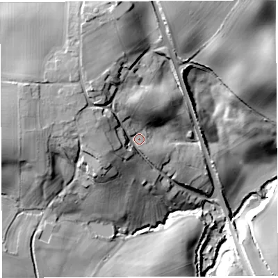 Shaded relief map of the ground around SY56LP, computed from Environment Agency LiDAR. The ground here sits at about 92 m above sea level and falls 41 m across the surrounding 800 m. Surface water reaching this point runs off ground lying to the north-west, 16.1 m higher.