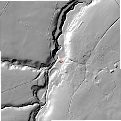 Shaded relief map of the ground around SY56NT, computed from Environment Agency LiDAR. The ground here sits at about 112 m above sea level and falls 29 m across the surrounding 800 m. Surface water reaching this point runs off ground lying to the west-north-west, 21.8 m higher.