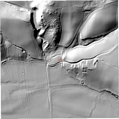 Shaded relief map of the ground around SY56PR, computed from Environment Agency LiDAR. The ground here sits at about 51 m above sea level and falls 42 m across the surrounding 800 m. Surface water reaching this point runs off ground lying to the east, 20.8 m higher.