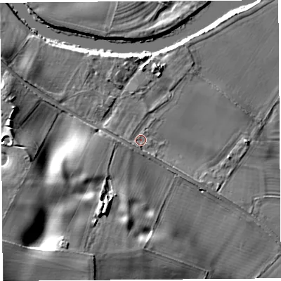 Shaded relief map of the ground around SY56QP, computed from Environment Agency LiDAR. The ground here sits at about 48 m above sea level and falls 18 m across the surrounding 800 m. Surface water reaching this point runs off ground lying to the west, 2.6 m higher.