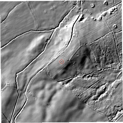 Shaded relief map of the ground around SY57AL, computed from Environment Agency LiDAR. The ground here sits at about 141 m above sea level and falls 33 m across the surrounding 800 m. Surface water reaching this point runs off ground lying to the east-south-east, 0.8 m higher.