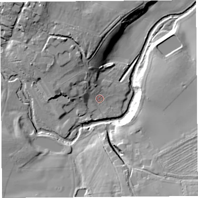 Shaded relief map of the ground around SY57BD, computed from Environment Agency LiDAR. The ground here sits at about 77 m above sea level and falls 22 m across the surrounding 800 m. Surface water reaching this point runs off ground lying to the west-north-west, 7.9 m higher.