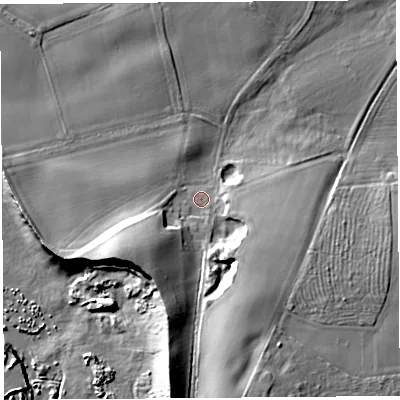 Shaded relief map of the ground around SY57BH, computed from Environment Agency LiDAR. The ground here sits at about 93 m above sea level and falls 27 m across the surrounding 800 m. Surface water reaching this point runs off ground lying to the south, 15.4 m higher.