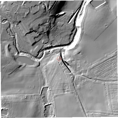 Shaded relief map of the ground around SY57BX, computed from Environment Agency LiDAR. The ground here sits at about 81 m above sea level and falls 29 m across the surrounding 800 m. Surface water reaching this point runs off ground lying to the south-east, 24.8 m higher.