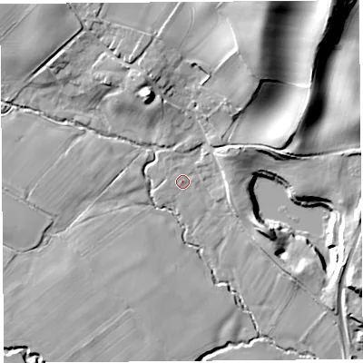 Shaded relief map of the ground around SY57EA, computed from Environment Agency LiDAR. The ground here sits at about 97 m above sea level and falls 24 m across the surrounding 800 m. Surface water reaching this point runs off ground lying to the north-north-east, 19.9 m higher.
