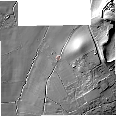 Shaded relief map of the ground around SY57EB, computed from Environment Agency LiDAR. The ground here sits at about 106 m above sea level and falls 22 m across the surrounding 800 m. Surface water reaching this point runs off ground lying to the south-east, 10.6 m higher.
