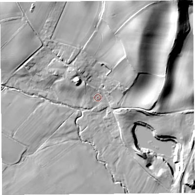 Shaded relief map of the ground around SY57EF, computed from Environment Agency LiDAR. The ground here sits at about 99 m above sea level and falls 24 m across the surrounding 800 m. Surface water reaching this point runs off ground lying to the north-east, 16.9 m higher.