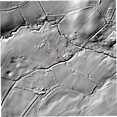 Shaded relief map of the ground around SY57EJ, computed from Environment Agency LiDAR. The ground here sits at about 101 m above sea level and falls 13 m across the surrounding 800 m. Surface water reaching this point runs off ground lying to the west, 5.6 m higher.