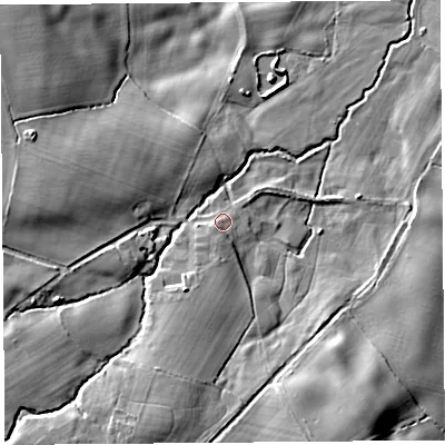 Shaded relief map of the ground around SY57EL, computed from Environment Agency LiDAR. The ground here sits at about 115 m above sea level and falls 16 m across the surrounding 800 m. Surface water reaching this point runs off ground lying to the south-south-west, 2.2 m higher.