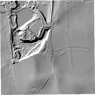 Shaded relief map of the ground around SY57EX, computed from Environment Agency LiDAR. The ground here sits at about 112 m above sea level and falls 29 m across the surrounding 800 m. Surface water reaching this point runs off ground lying to the west-south-west, 6.6 m higher.