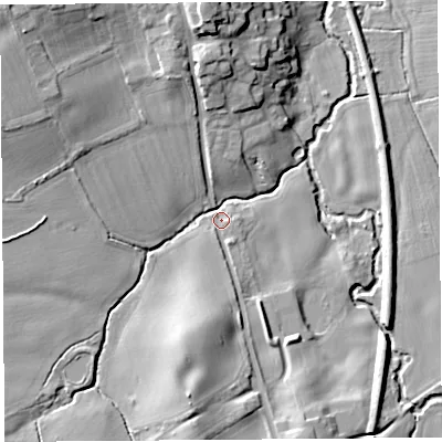Shaded relief map of the ground around SY57JT, computed from Environment Agency LiDAR. The ground here sits at about 101 m above sea level and falls 18 m across the surrounding 800 m. Surface water reaching this point runs off ground lying to the north-west, 13.6 m higher.