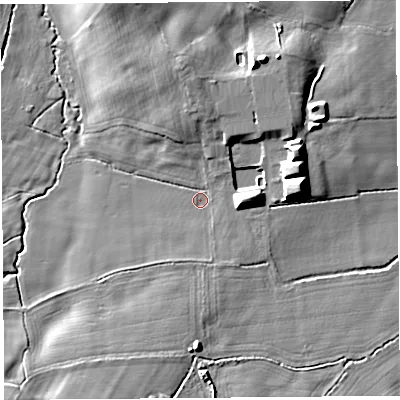 Shaded relief map of the ground around SY57LB, computed from Environment Agency LiDAR. The ground here sits at about 114 m above sea level and falls 18 m across the surrounding 800 m. Surface water reaching this point runs off ground lying to the south-west, 6.3 m higher.