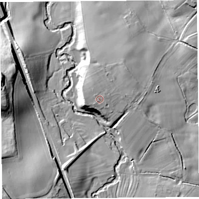 Shaded relief map of the ground around SY57LJ, computed from Environment Agency LiDAR. The ground here sits at about 103 m above sea level and falls 25 m across the surrounding 800 m. Surface water reaching this point runs off ground lying to the west, 1.5 m higher.
