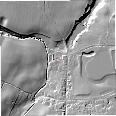 Shaded relief map of the ground around SY57PB, computed from Environment Agency LiDAR. The ground here sits at about 106 m above sea level and falls 28 m across the surrounding 800 m. Surface water reaching this point runs off ground lying to the south-south-east, 18.4 m higher.
